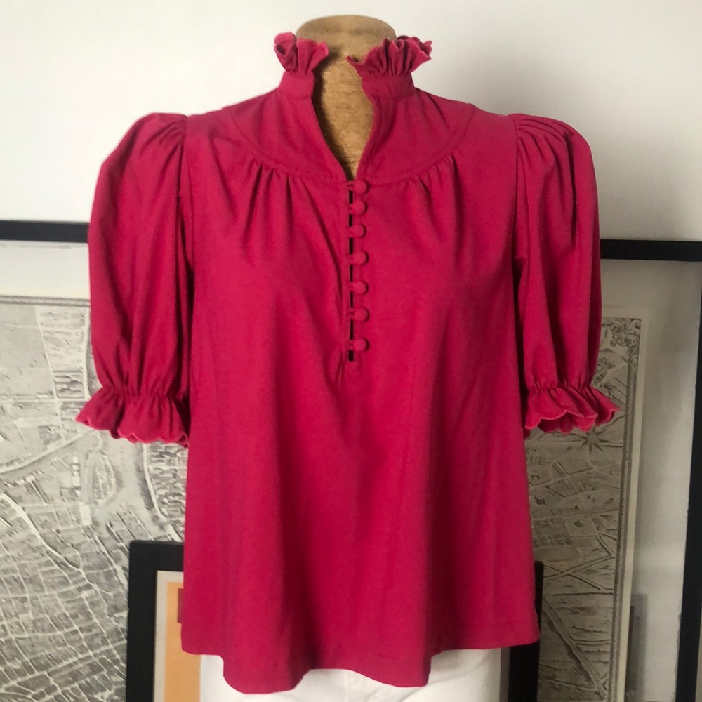 Pomander Place Raspberry Pink Ruffled Collar Puff Sleeve Blouse